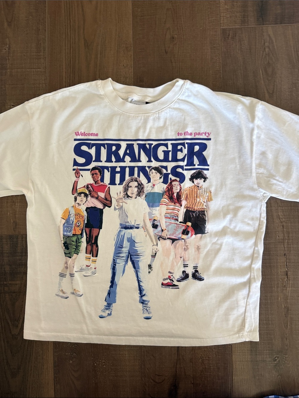 Zara White Stranger Things Graphic Tee with Navy and Multicolor Print